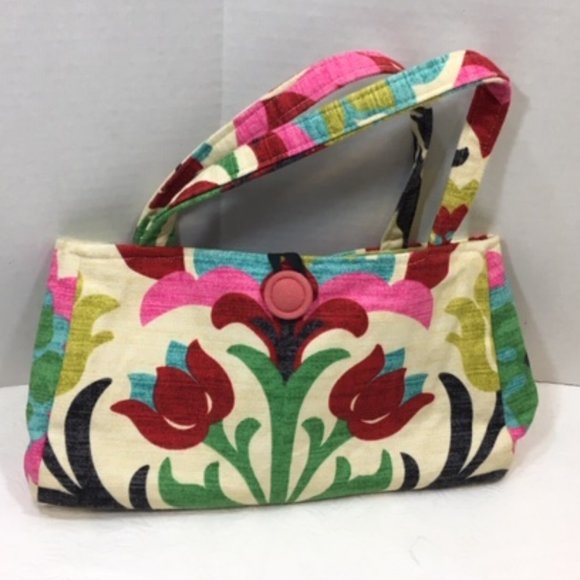 Multicolor Floral Linen Cotton Stylish Handbag Button Closure  11"x3"x6" - Picture 1 of 12